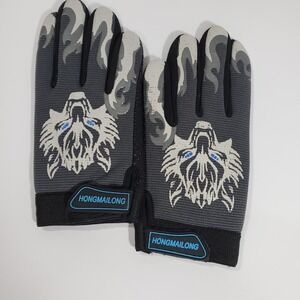 Hongmailong Motorcycle Gloves Grey Black Wolf Graphic Flame Full Finger Padded